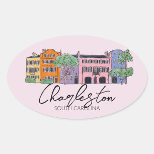 Charleston, South Carolina Wedding pink and bow   Oval Sticker