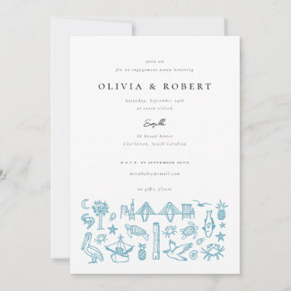 Charleston Toile Border in Blue Engagement Party Invitation