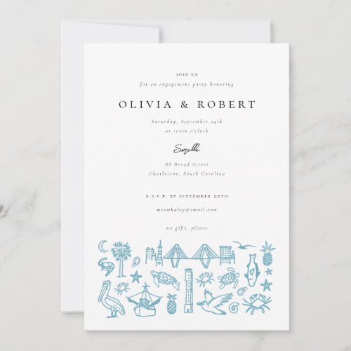 Charleston Toile Border in Blue Engagement Party  Invitation