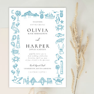 Charleston Toile Border in Blue Wedding Invitation