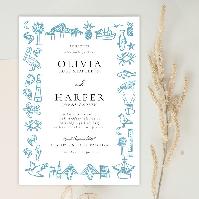 Charleston Toile Border in Blue Wedding Invitation (Charleston South Carolina Toile border in blue wedding invitation by artist Erika Firm)