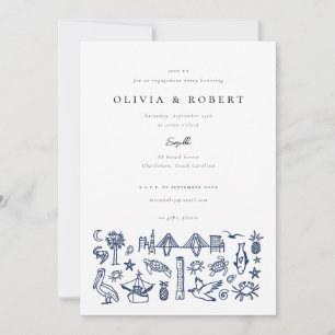 Charleston Toile Border in Navy Engagement Party  Invitation