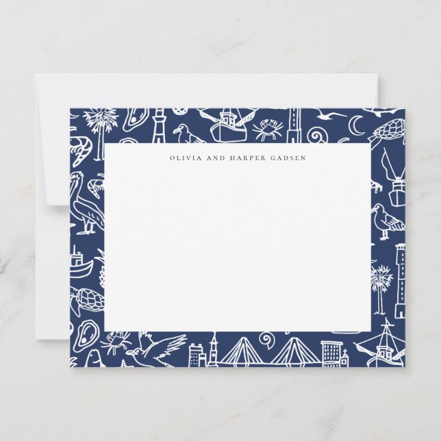 Charleston Toile Border Navy Blue Thank You Card (Front)