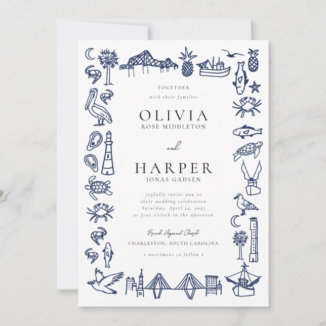 Charleston Toile Navy Blue Wedding Invitation (Front)