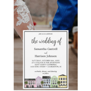 Charleston Watercolor Rainbow Row Southern Wedding Invitation
