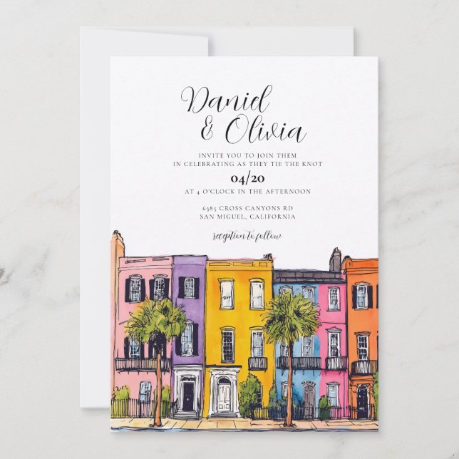 Charleston Watercolor Wedding Destination Invitation (Front)