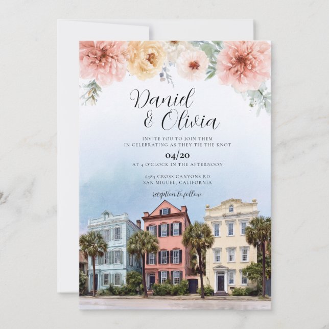 Charleston Watercolor Wedding Destination Invitation (Front)