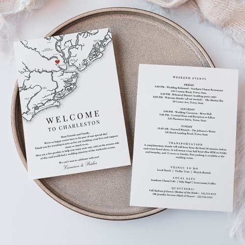 Charleston Wedding Welcome Itinerary Black White Thank You Card