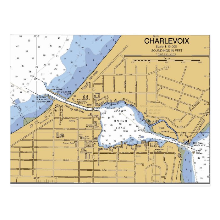 Charlevoix, MI Round Lake Nautical Chart Postcard