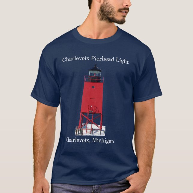 Charlevoix Pierhead Light dark shirt (Front)