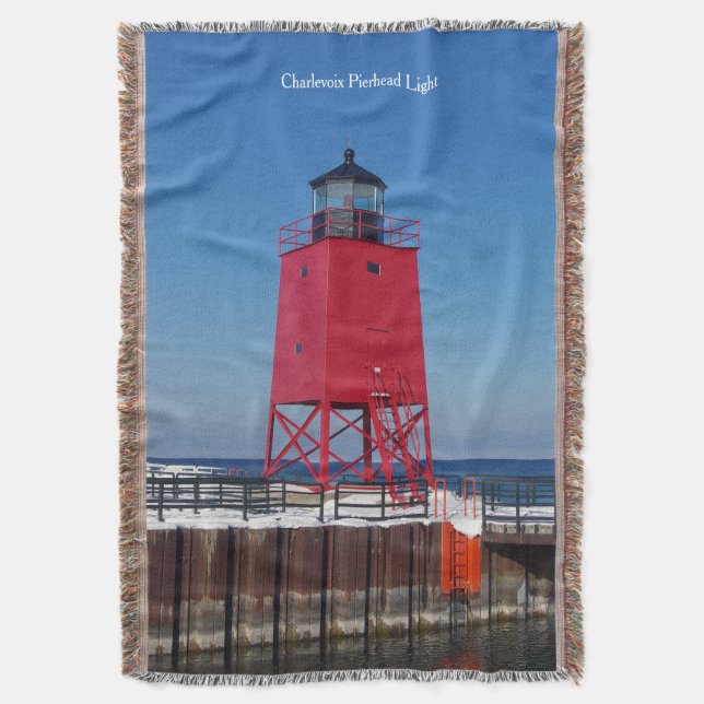 Charlevoix Pierhead Light throw blanket (Front Vertical)