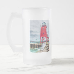 Charlevoix South Pierhead Lightouse Frosted Glass Beer Mug