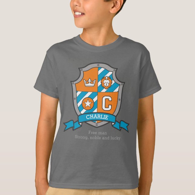 Charlie boys C name & meaning crest shield T-Shirt (Front)