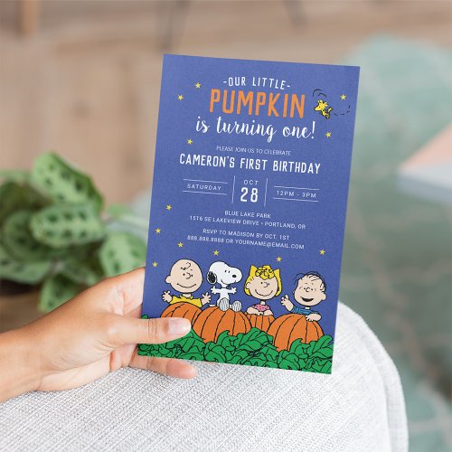 Charlie Brown and Gang Pumpkin First Birthday Invitation
