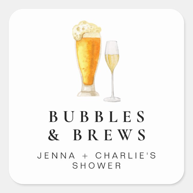 CHARLIE Bubbles & Brews Couples Shower Favor Square Sticker (Front)