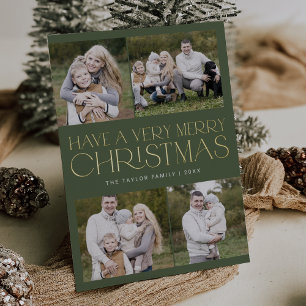 CHARLIE Green Foil Family Multi Photo Christmas Holiday Card