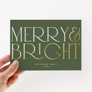 CHARLIE Green Foil Merry Bright Family Christmas Foil Holiday Card