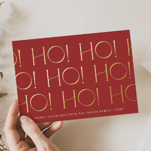 CHARLIE Red Gold Foil Ho Ho Ho Family Christmas Foil Holiday Card