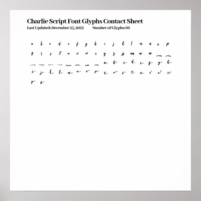 Charlie Script Font Glyphs Contact Sheet Poster (Front)