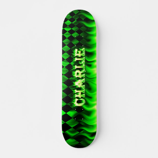 Charlie skateboard green fire and flames design. deck (Front)