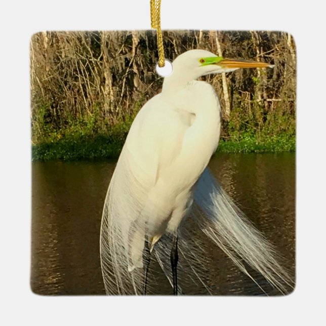 Charlie The Great Egret Ceramic Ornament (Front)