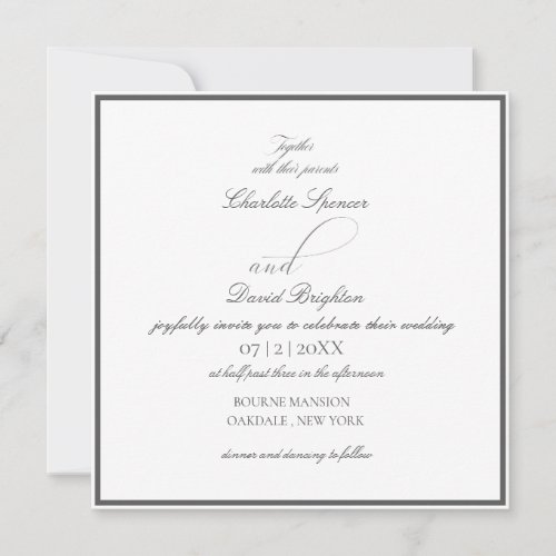 Charlotte B  Elegant Square Grey Calligr Wedd  Invitation