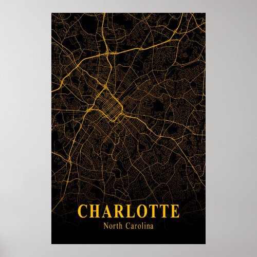 Charlotte City Map Gold North Carolina Street Map Poster