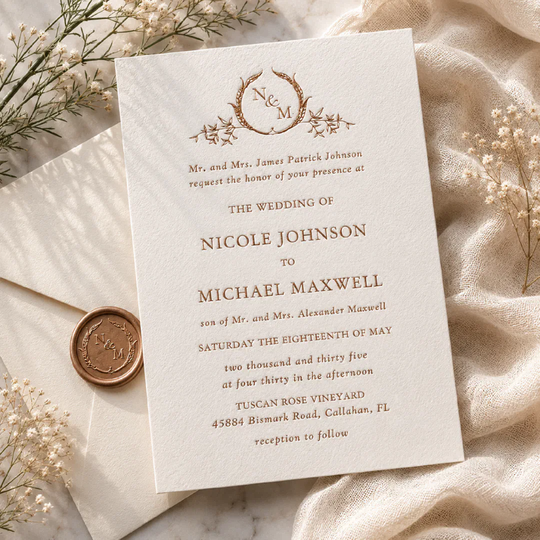 The invitation design illustrates monograms, letterpress text and a branch-like icon surrounding the monograms. The background includes an embossed envelope, sprigs and beige materials.