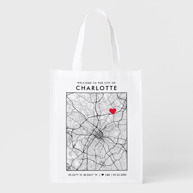 Charlotte Love Locator | City Map Wedding Welcome Grocery Bag (Front)