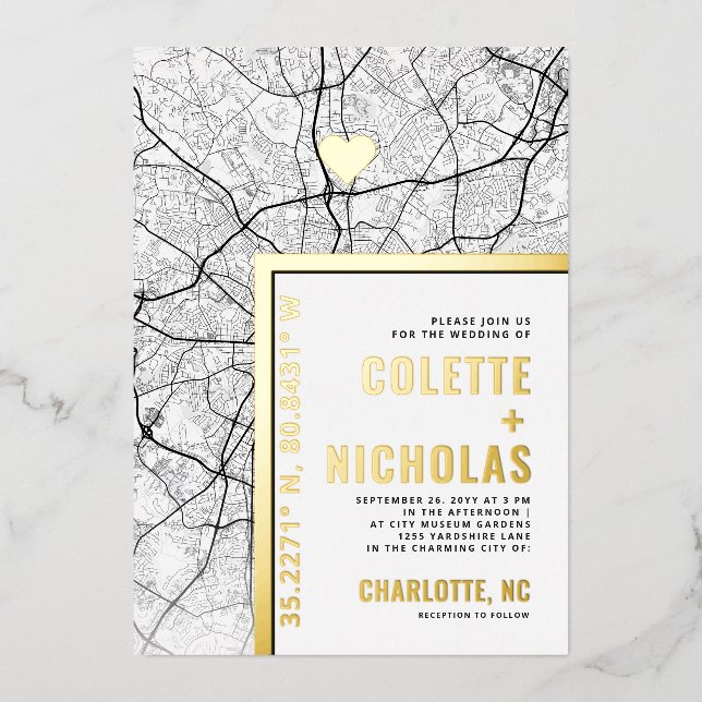 Charlotte Love Locator | City Themed Wedding Foil Invitation (Front)