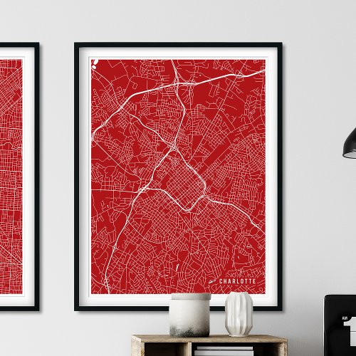 Charlotte Map Simple Red Line Map Poster