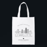 Charlotte, N. Carolina Wedding | Stylized Skyline Grocery Bag<br><div class="desc">A unique wedding bag for a wedding taking place in the beautiful city of Charlotte,  N. Carolina.  This bag features a stylized illustration of the city's unique skyline with its name underneath.  This is followed by your wedding day information in a matching open lined style.</div>
