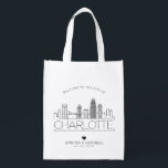 Charlotte, N. Carolina Wedding | Stylized Skyline Grocery Bag<br><div class="desc">A unique wedding bag for a wedding taking place in the beautiful city of Charlotte,  N. Carolina.  This bag features a stylized illustration of the city's unique skyline with its name underneath.  This is followed by your wedding day information in a matching open lined style.</div>