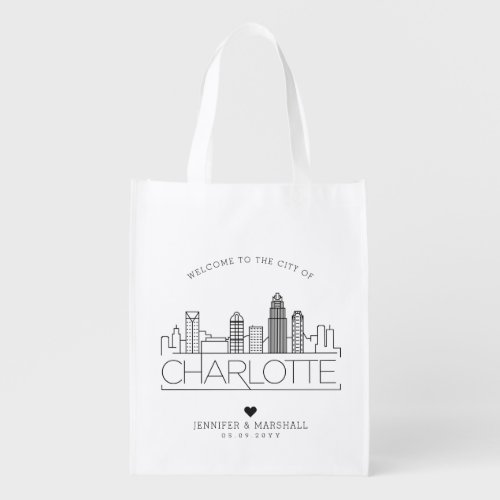 Charlotte N Carolina Wedding  Stylized Skyline Grocery Bag