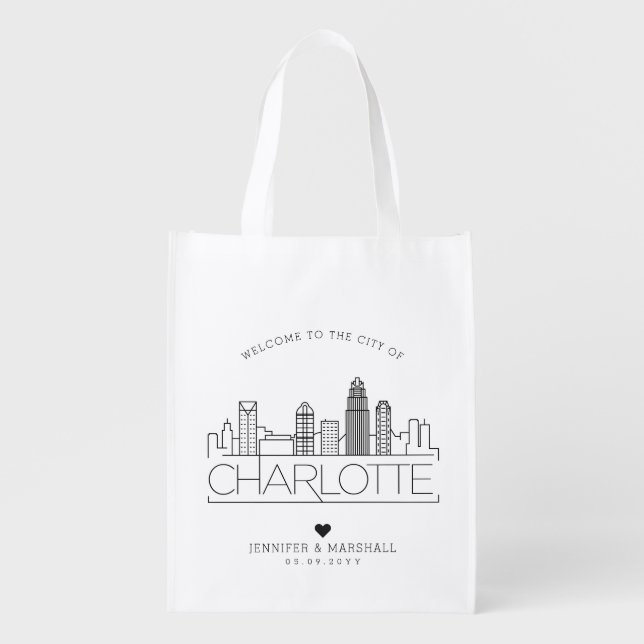 Charlotte, N. Carolina Wedding | Stylized Skyline Grocery Bag (Front)