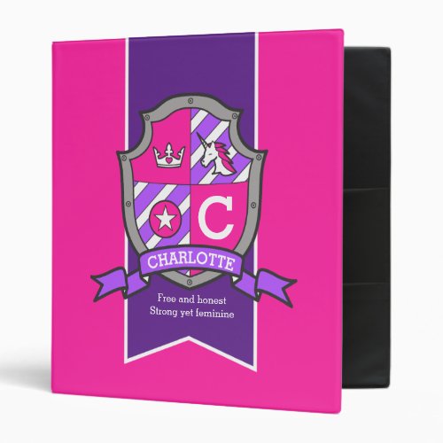 Charlotte name meaning crest unicorn pink purple 3 ring binder