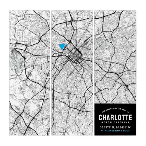 Charlotte NC City Map  Home Location Marker Triptych