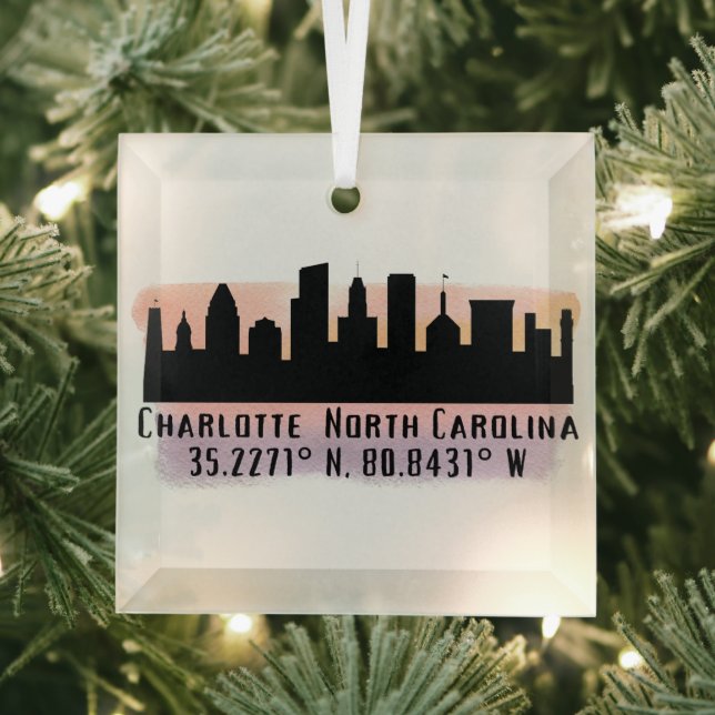 Charlotte NC City Skyline Latitude and Longitude  Glass Ornament (Insitu)