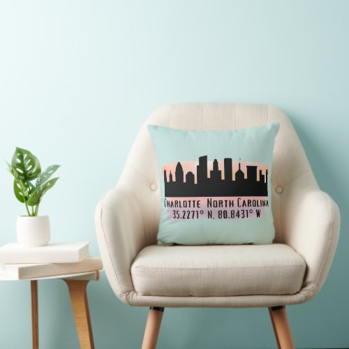 Charlotte NC City Skyline Latitude and Longitude  Throw Pillow