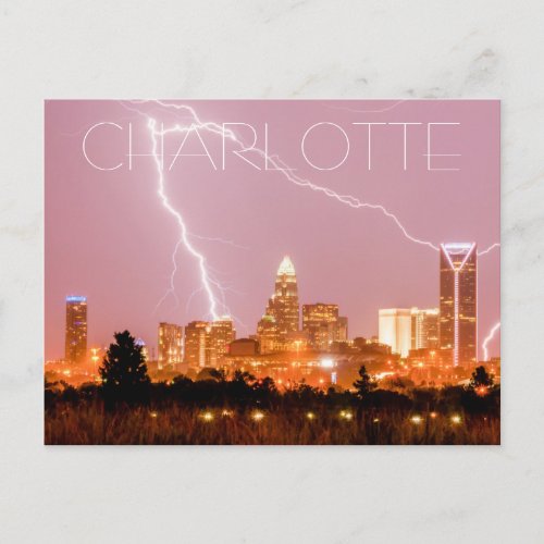 charlotte nc skyline with lightning postcard