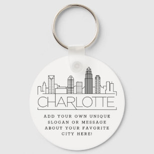 Charlotte, NC Stylized Skyline   Custom Slogan Keychain