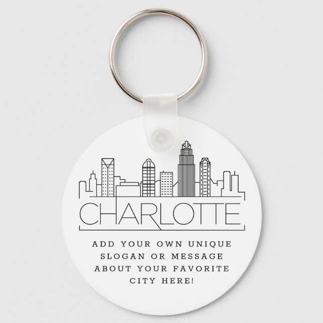 Charlotte, NC Stylized Skyline | Custom Slogan Keychain (Front)