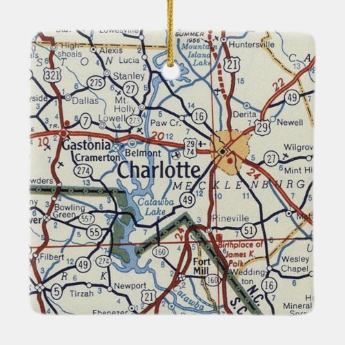 Charlotte NC Vintage Map Ceramic Ornament