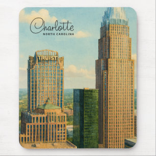 Charlotte NC Watercolor Skyline Travel Mouse Pad