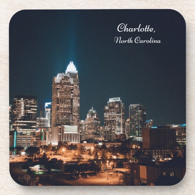 Charlotte North Carolina City Skyline Night Beverage Coaster (Front)