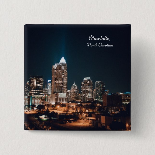 Charlotte North Carolina City Skyline Night Button (Front)