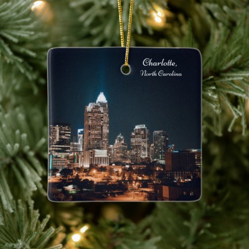 Charlotte North Carolina City Skyline Night Ceramic Ornament