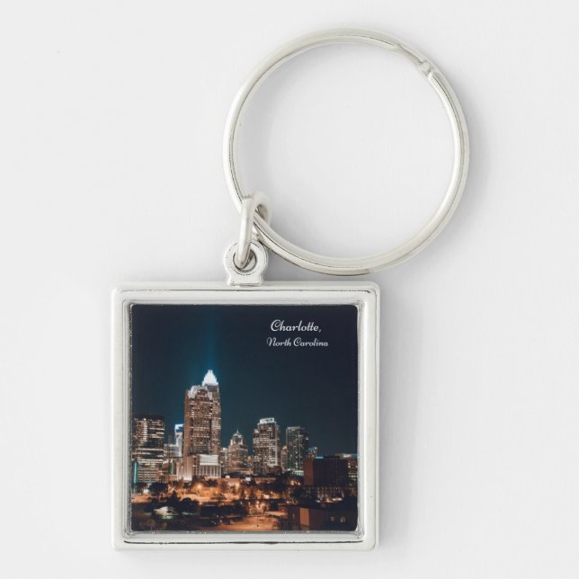 Charlotte North Carolina City Skyline Night Keychain (Front)