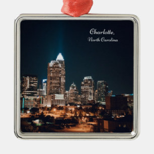 Charlotte North Carolina City Skyline Night Metal Ornament