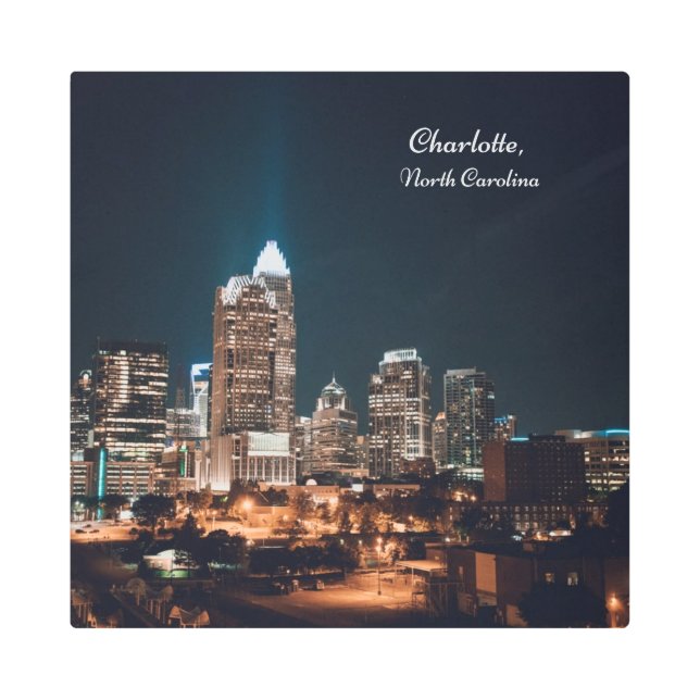 Charlotte North Carolina City Skyline Night Metal Print (Front)